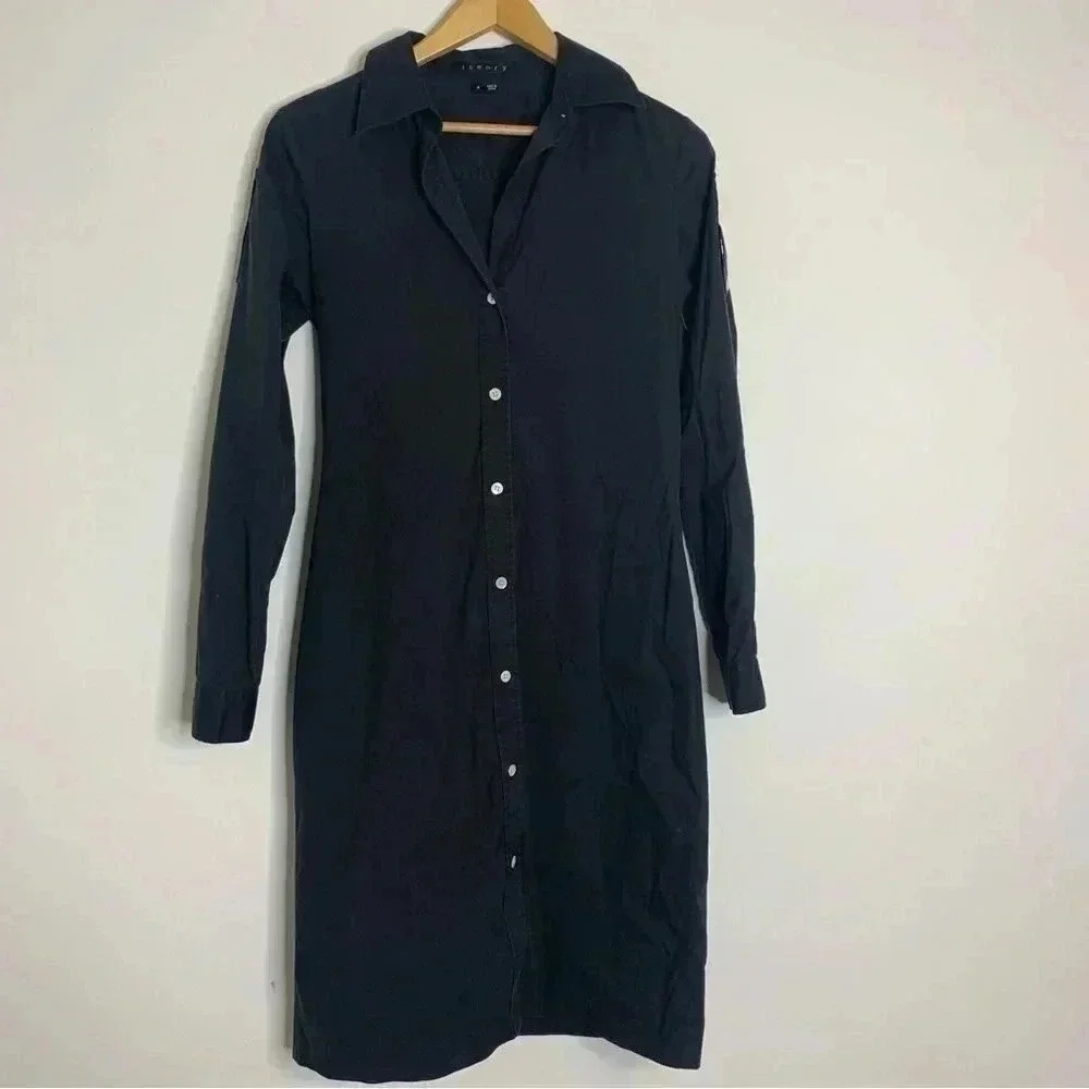 Theory black collared midi shirt dress long sleeve sz 6 - Picture 7 of 10